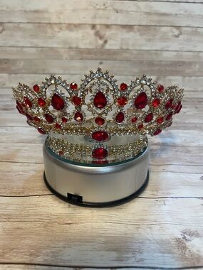 Gold Tiara Crown with Red Gemstones - Women's Pageant Accessory